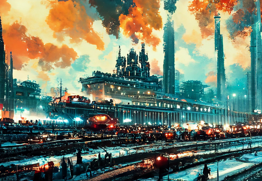 Kohji Asakawa A steel steampunk city with Blade Runner cars fly ccaf541f-2e75-4fa7-968c-13619d274a28