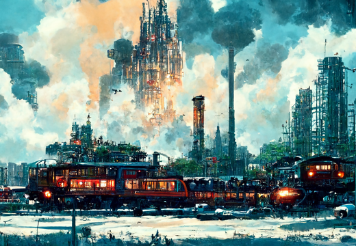 Kohji Asakawa A steel steampunk city with Blade Runner cars fly 199e4517-c975-44cf-ba79-b505c176930d