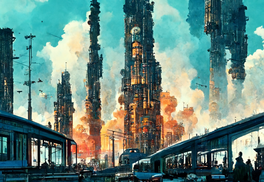 Kohji Asakawa A steel steampunk city with Blade Runner cars fly a96b8156-6249-4379-a1a3-923fa025850b