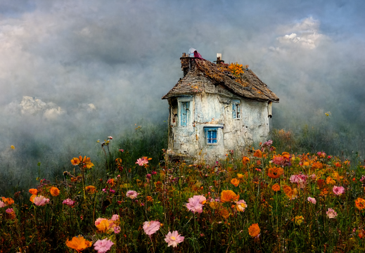Kohji Asakawa A small house on a hill with many cosmos flowers  b341d8cb-319f-4451-9856-2f336a961d16