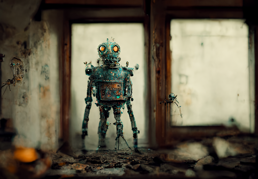 Kohji Asakawa Acid robot standing in an abandoned house. The wa cca11953-a872-4775-91b3-982d3fe0038b